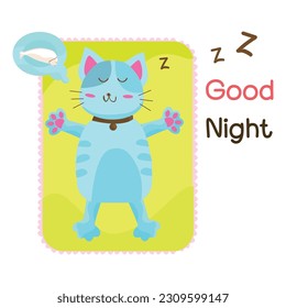 Vector illustration character design blue cat happy sleeping. With a good night message.
