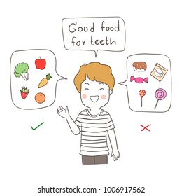 Dibujo vectorial diseño de carácter un niño explicar sobre la buena comida para los dientes.Dibujar estilo doodle.