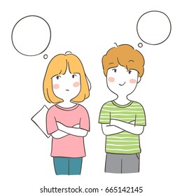Vector illustration character design a boy and a girl thinking something about study and speech bubble.