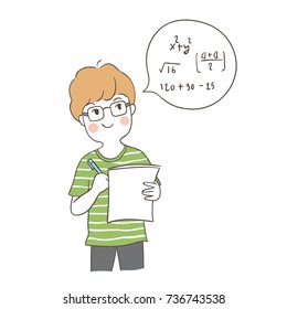 Vector illustration character design a boy practice to do math after reading.Doodle cartoon style.