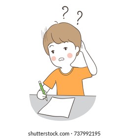 Vector illustration character design a boy confused to do write the answer on blank paper.Doodle cartoon style.
