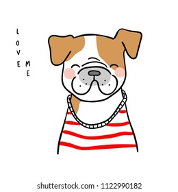 Vector illustration character design of brawn french bulldog and wording love me.Isolated on white.Doodle style.