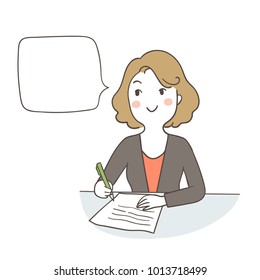 Vector illustration character design business woman write and thinking something about her job at the desk.Draw doodle cartoon style.
