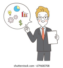 Vector illustration character design business man present about new project.Doodle style.
