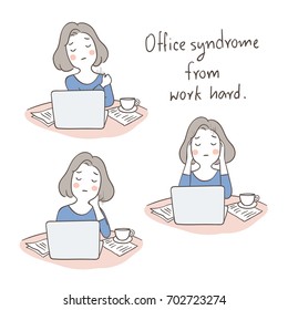 Vector illustration character design business woman pain from work hard,office syndrome.Doodle cartoon style.