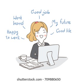 Vector illustration character design business woman happy to work and planning for her future.Draw doodle cartoon style.