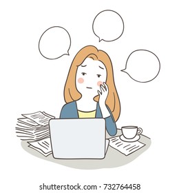 Darstellende Zeichentrickkünstlerin betonte von harter Arbeit auf ihrem Schreibtisch.Doodle Cartoon Stil.