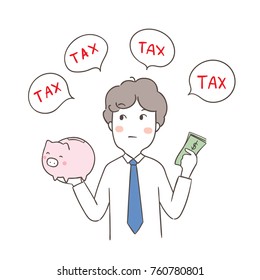 Vector illustration character design business man saving money and thinking to pay tax.Doodle cartoon style.