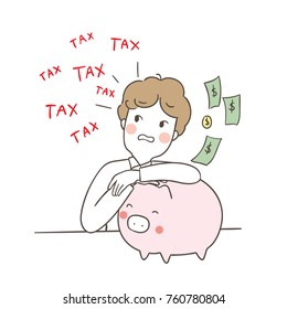 Vector illustration character design business man saving money and worry about to pay tax.Doodle cartoon style.