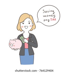 Vector illustration character design business woman explain saving money for pay tax.Doodle cartoon style.