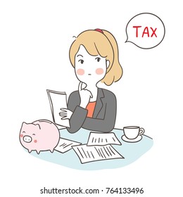 Vector illustration character design business woman thinking about saving money to pay tax.Doodle cartoon style.