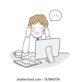 Vector illustration character design business man head ache from work hard.Doodle cartoon style.