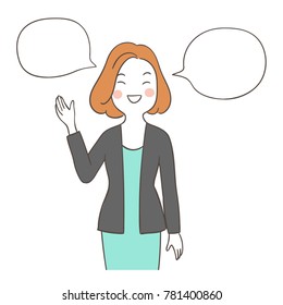 Vector illustration character design business woman present and speech bubble.Doodle cartoon style.