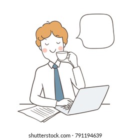 Vector illustration character design business man drink coffee in relax time with speech bubble.Draw doodle cartoon style.