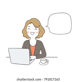 Vector illustration character design business woman happy working with speech bubble.Draw doodle cartoon style.