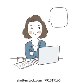 Vector illustration character design business woman planning her project with speech bubble.Draw doodle cartoon style.