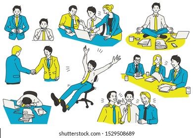 Vector illustration character design of businessman, various actions and activities, at workplace and office. Outline, linear, thin line art, hand draw sketch, simple style.
