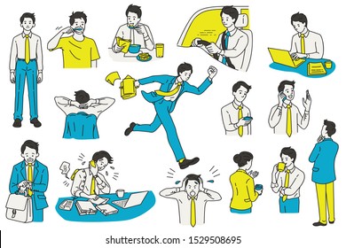 Vector illustration character design of businessman, various actions and activities, at workplace and office. Outline, linear, thin line art, hand draw sketch, simple style.