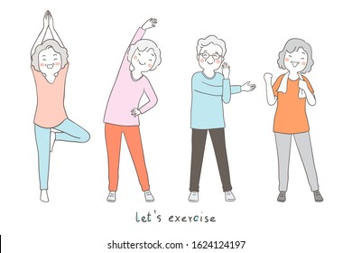 Vector illustration character design collection portrait grandmother and grandfather exercise for good health.Isolated on white.Draw doodle cartoon style.