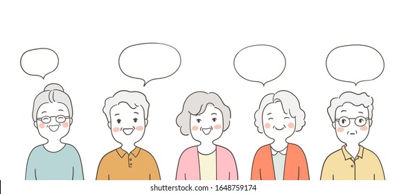 Vector illustration character design collection elderly senior grandmother and grandfather with speech bubble.So funny.Isolated on white.Draw doodle cartoon style.