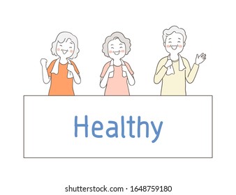 Vector illustration character design collection elderly senior grandmother and grandfather with board write healthy.Isolated on white.Draw doodle cartoon style.