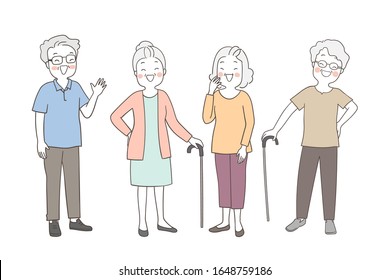 Vector illustration character design collection elderly senior grandmother and grandfather.So funny.Isolated on white.Draw doodle cartoon style.