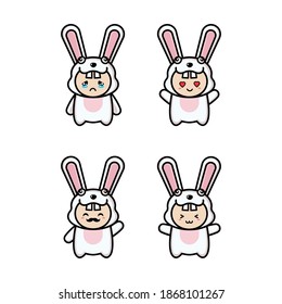 Vector illustration character design collection outline of cute rabbit.Draw doodle cartoon style.