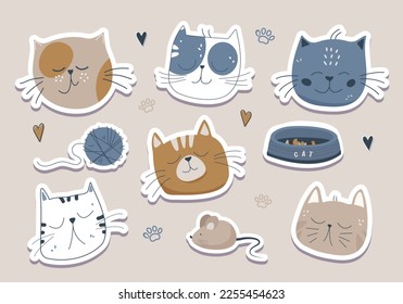 Vector illustration character design collection stickers funny cat. Cats avatars. Flat cat faces. Doodle cartoon style.