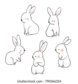 Vector Illustration Character Design Collection Outline Of Cute Rabbit.Draw Doodle Cartoon Style.