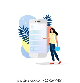 Vector illustration. Character design. Concept of development of mobile applications, social media marketing, ui design. Stylish business women 