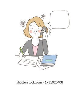 Vector illustration character design confusion young business woman speaking on phone and write something on paper.Draw doodle cartoon style.