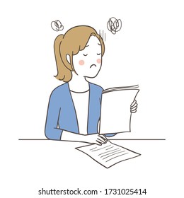 Vector illustration character design confusion young business woman holding paper in work time.Draw doodle cartoon style.