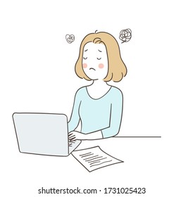 Vector illustration character design confusion young business woman in work time.Draw doodle cartoon style.