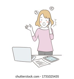Imagen vectorial diseño de carácter confusión joven mujer de negocios hablando por teléfono. Dibujar estilo de caricatura de doodle.