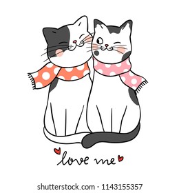 Vector illustration character design couple love of cat with word love me.Doodle cartoon style.