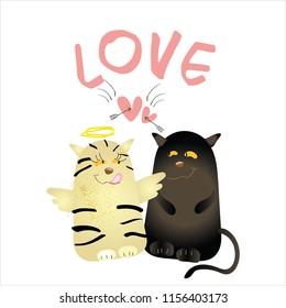 Vector illustration character design couple cat fall in love and little heart for romantic day.Doodle cartoon style.
