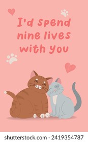 Vector illustration character design couple love of cats. Illustration for Valentine day, wedding. Doodle cartoon style. Funny lettering about love. Illustration for poster, card, invitation, banner