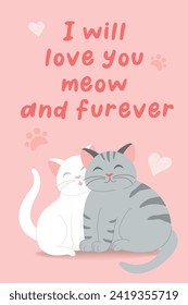 Vector illustration character design couple love of cats. Illustration for Valentine day, wedding. Doodle cartoon style. Funny lettering about love. Illustration for poster, card, invitation, banner.