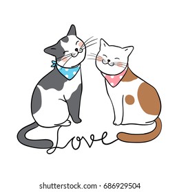 Vector illustration character design couple cat in love.Draw doodle style.