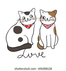 Vector illustration character design couple cat in love.Draw doodle style.
