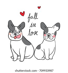 Vector illustration Character design of couple  french bulldog fall in love so cute and happy and little heart.Doodle cartoon style.