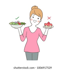 Vector illustration character design cute woman explain change your diet to be healthy.Draw doodle style.