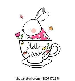 Vector illustration character design cute rabbit in white cup and beauty flower for spring season.Draw doodle cartoon style.