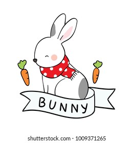 Vector illustration character design cute rabbit in white ribbon and word bunny.Draw doodle cartoon style.