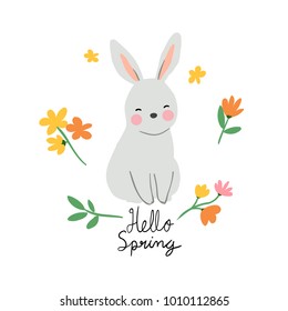 Vector illustration character design cute rabbit with beauty flower and word hello spring season.Hand draw style.