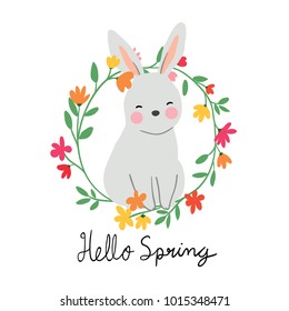 Vector illustration character design cute rabbit in beauty wreath flower and word hello spring season.Hand draw style.
