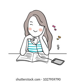 Vector illustration character design. cute girl relaxing listening music and reading. Doodle cartoon style.