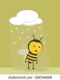 vector illustration character design cute honey yellow bee mascot sad depressed under the rainy cloud. Bad day Concept in yellow background