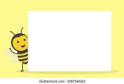 vector illustration character design cute honey yellow bee mascot holding or showing white blank signboard in yellow background