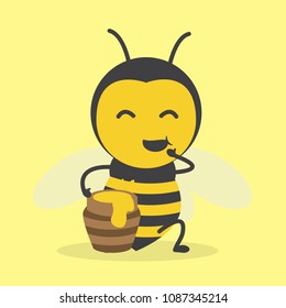 vector illustration character design cute happy honey yellow bee mascot eat honey pot in yellow background